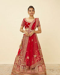 Mohey Women Aurora Red Floral Medallion Patterned Bridal Lehenga