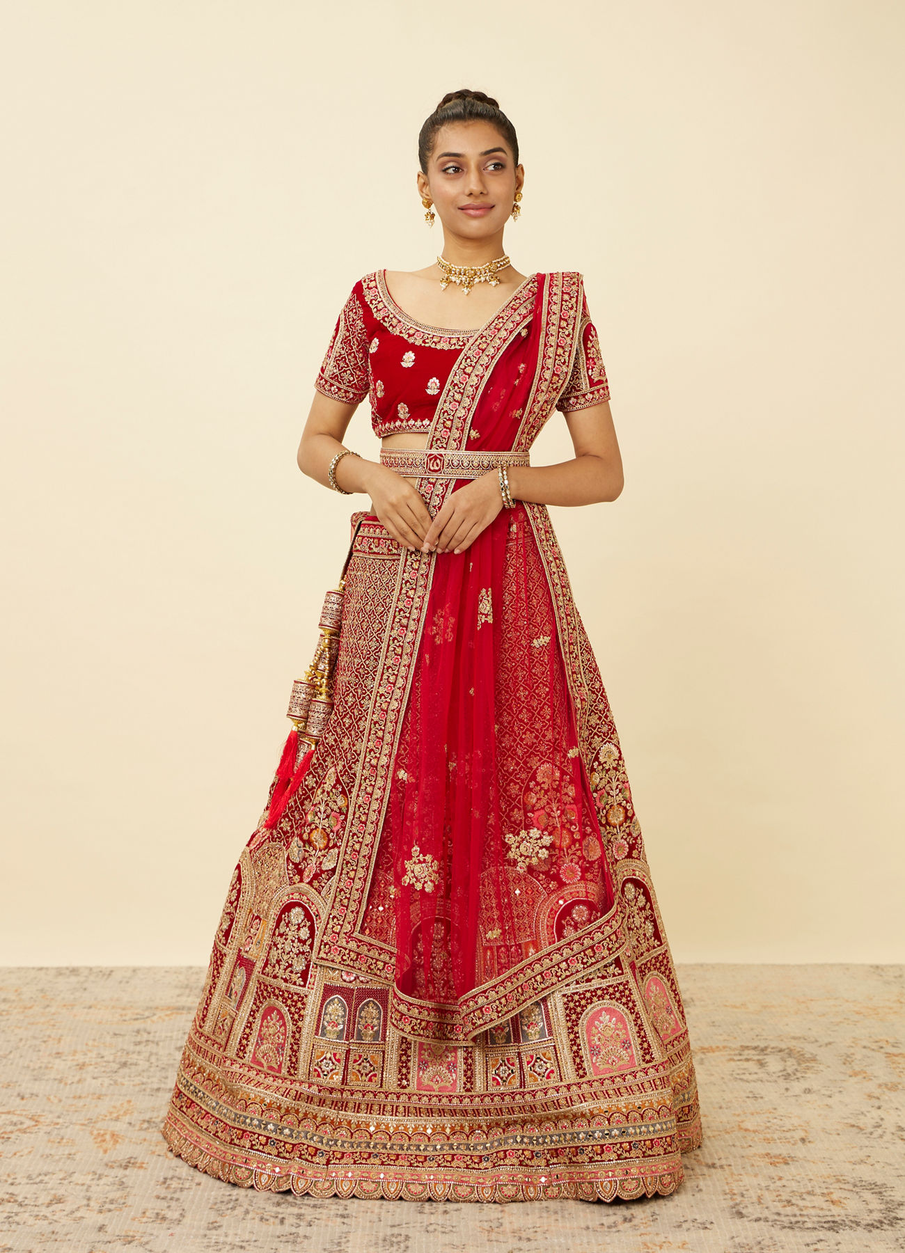 Mohey Women Aurora Red Floral Medallion Patterned Bridal Lehenga