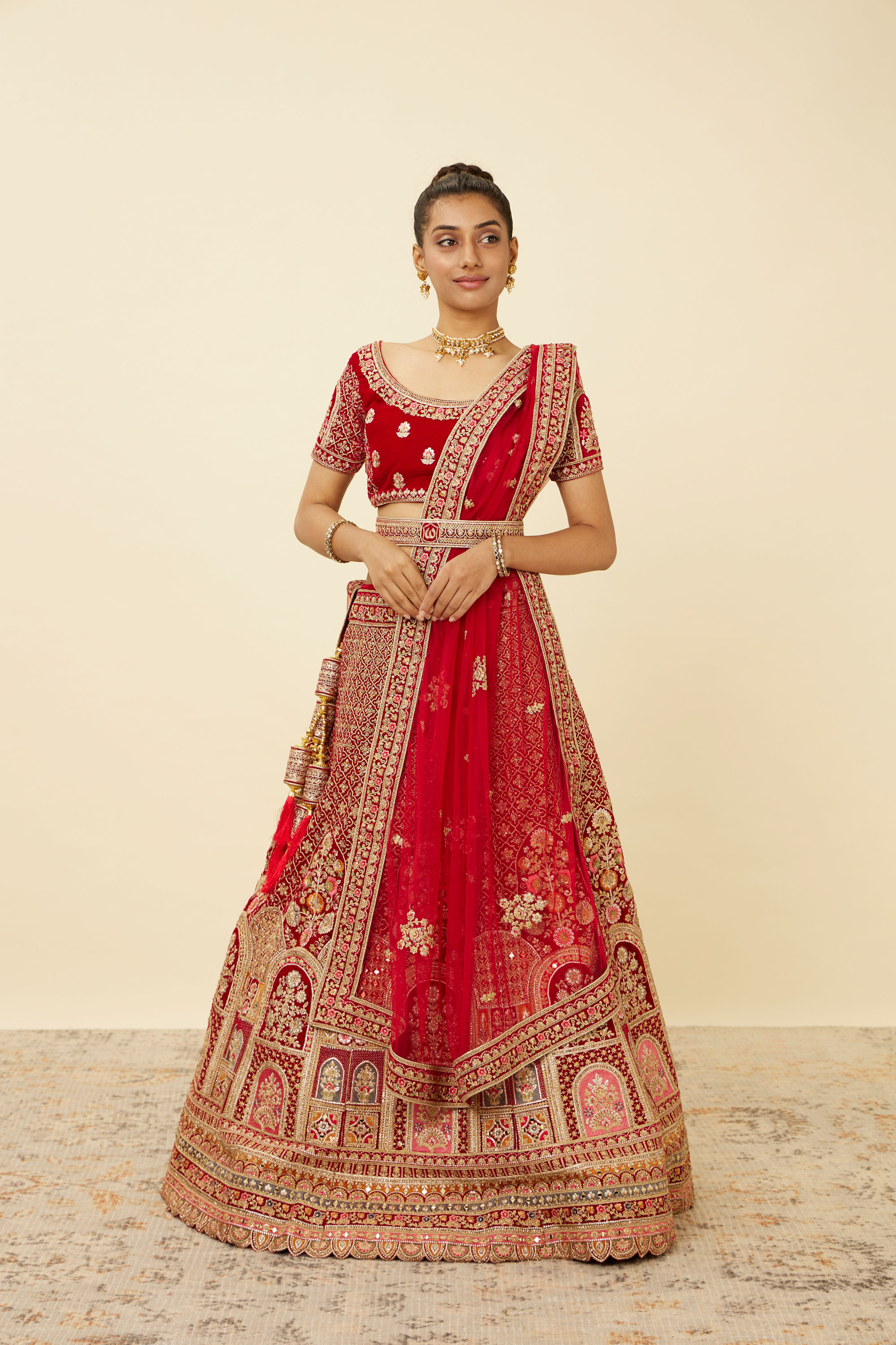 Mohey Women Aurora Red Floral Medallion Patterned Bridal Lehenga