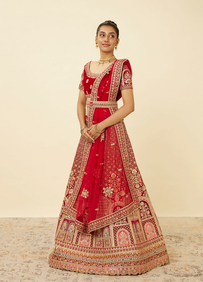 Mohey Women Aurora Red Floral Medallion Patterned Bridal Lehenga