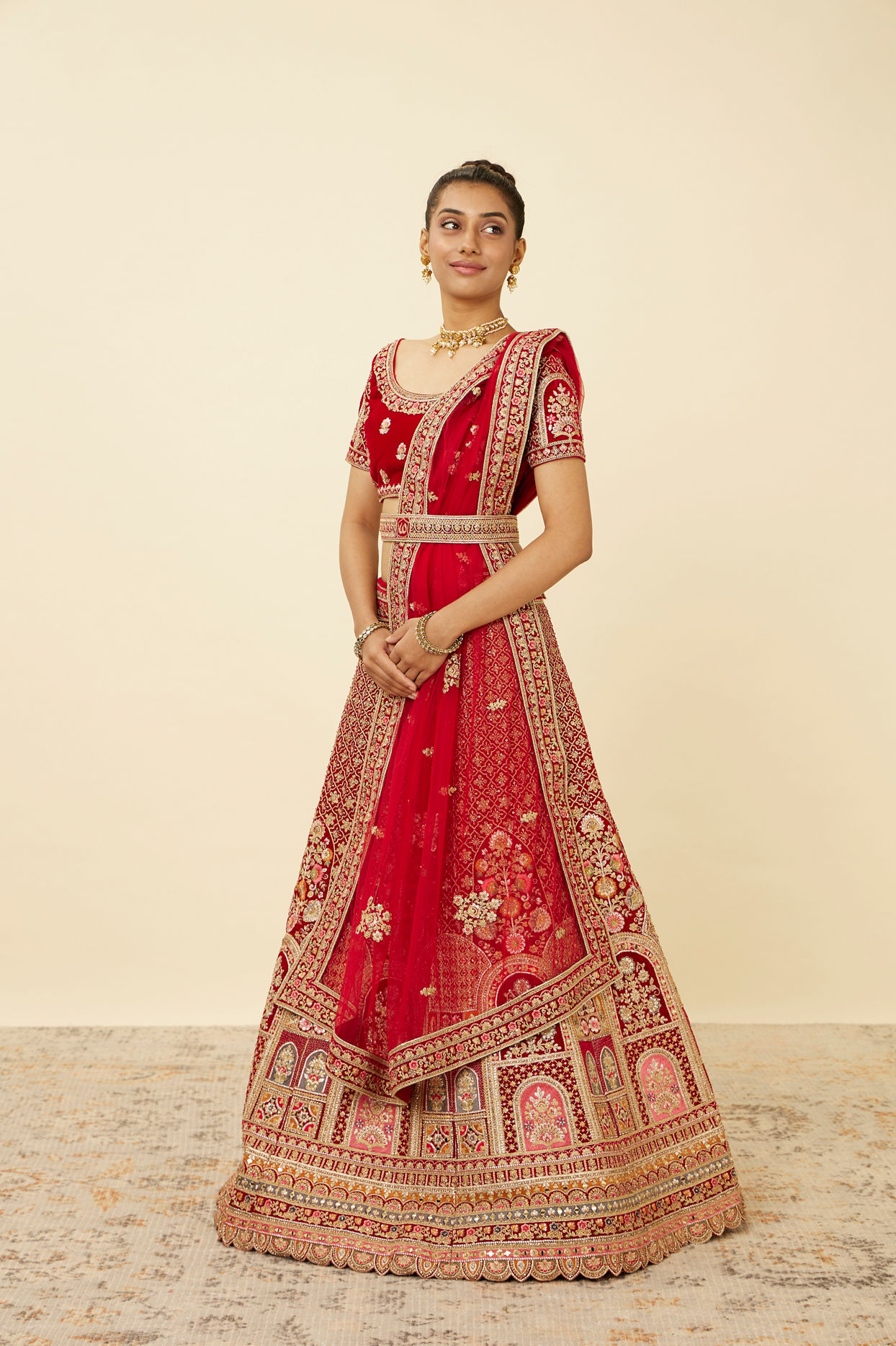 Mohey Women Aurora Red Floral Medallion Patterned Bridal Lehenga