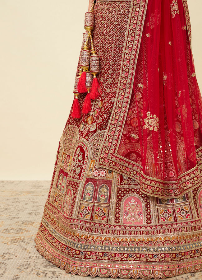 Mohey Women Aurora Red Floral Medallion Patterned Bridal Lehenga