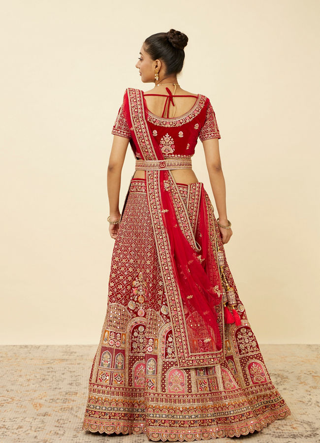 Mohey Women Aurora Red Floral Medallion Patterned Bridal Lehenga