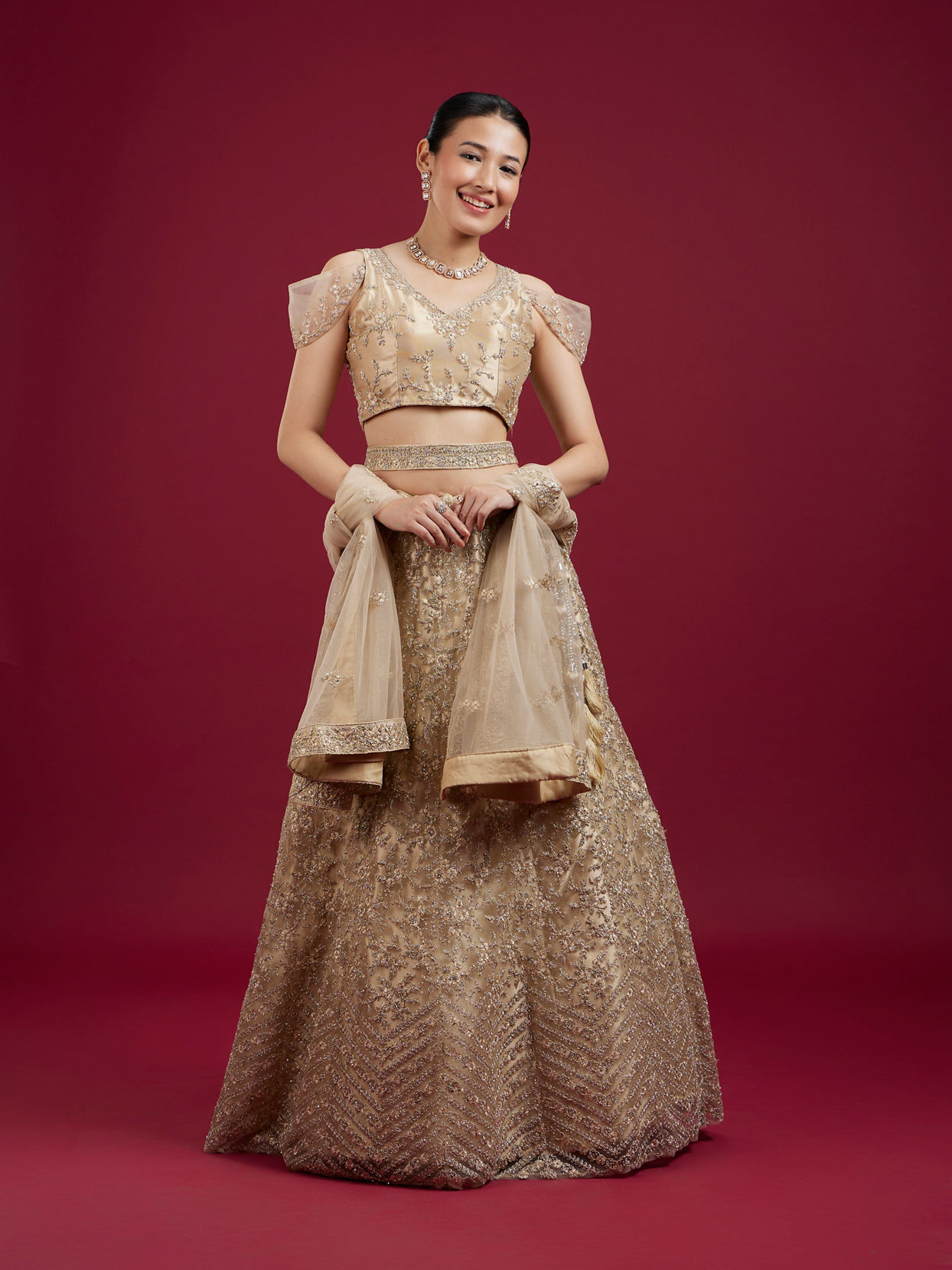 Mohey Women Pearled Ivory White Bel Buti Patterned Lehenga