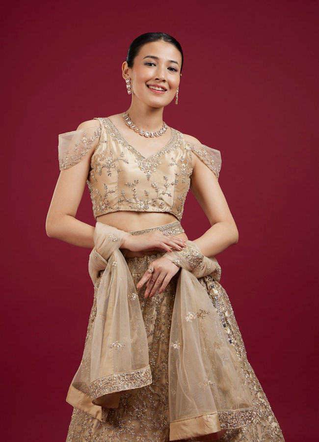 Mohey Women Pearled Ivory White Bel Buti Patterned Lehenga