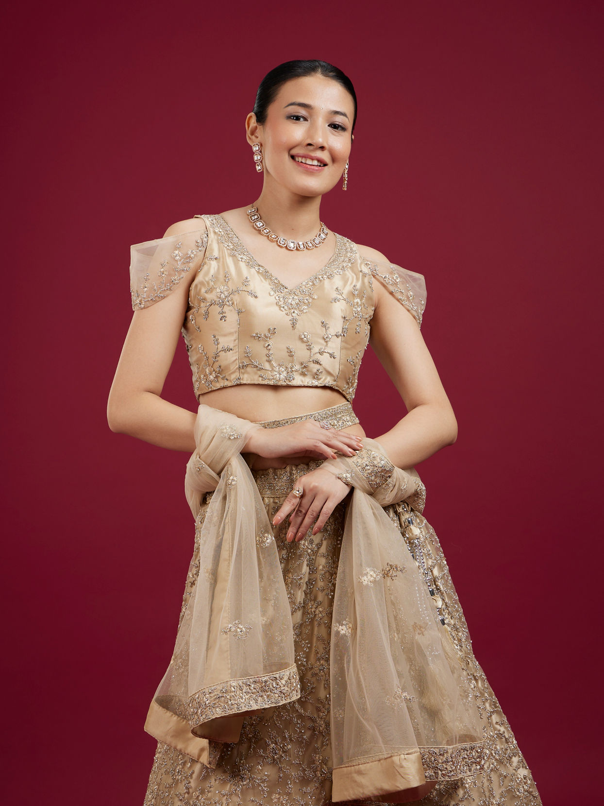 Mohey Women Pearled Ivory White Bel Buti Patterned Lehenga