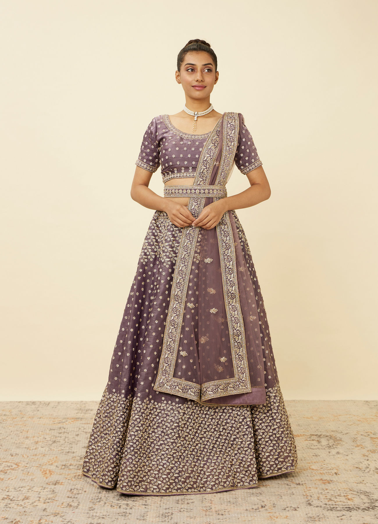 Mohey Women Light Purple Net Stone Work Lehenga