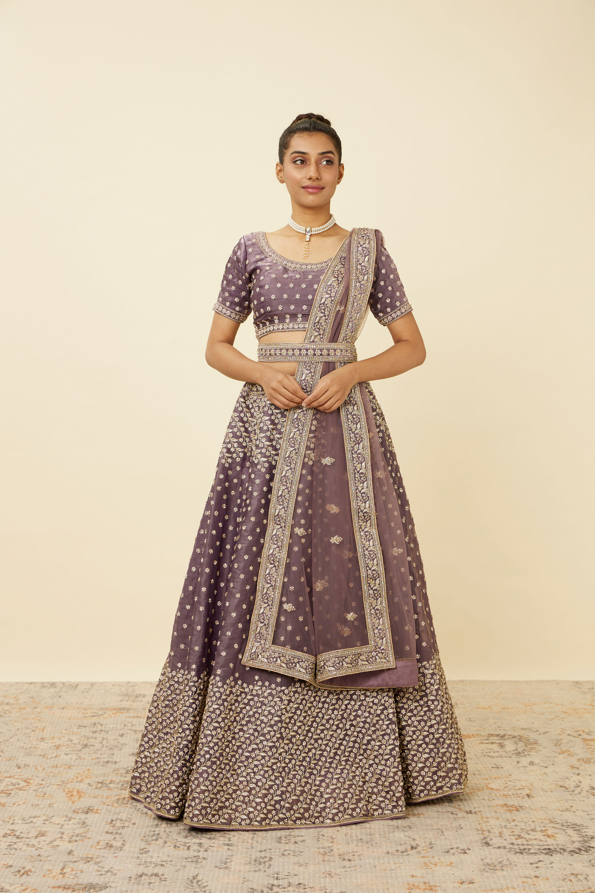 Mohey Women Light Purple Net Stone Work Lehenga