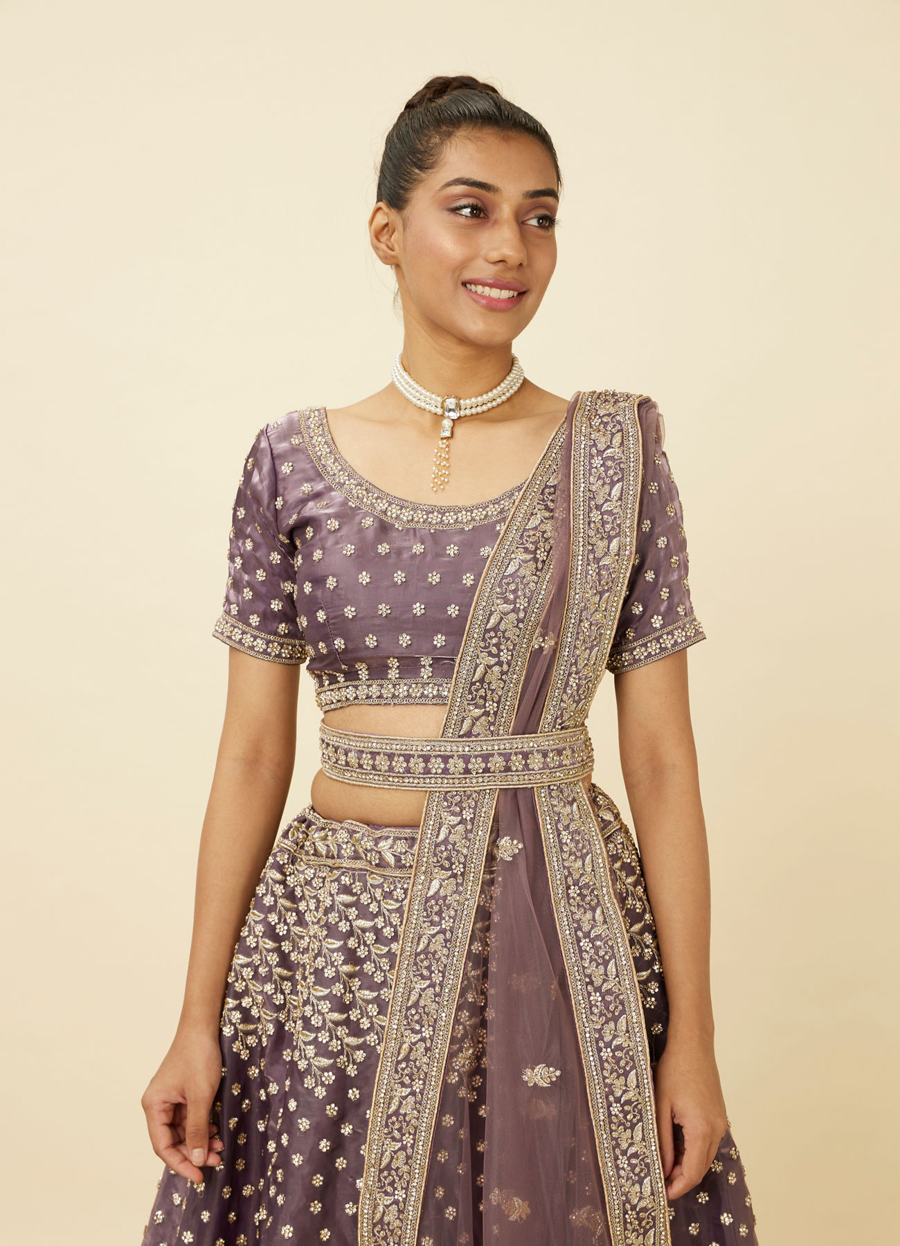 Mohey Women Light Purple Net Stone Work Lehenga