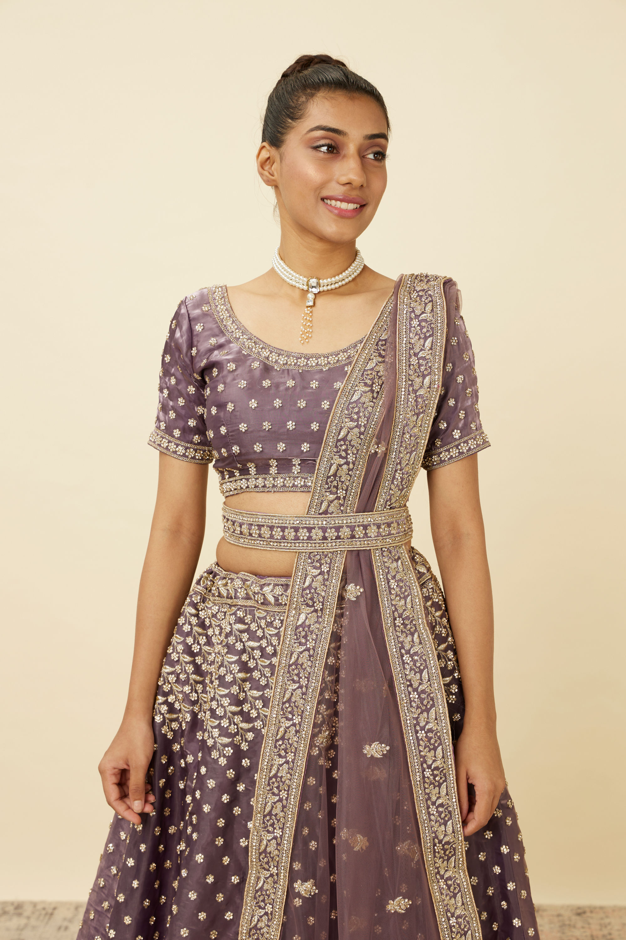 Mohey Women Light Purple Net Stone Work Lehenga