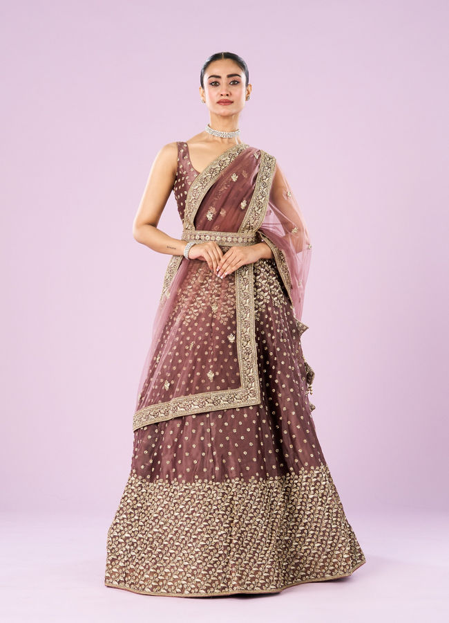 Mohey Women Dusty Pink Organza Semi Bridal Lehenga Set