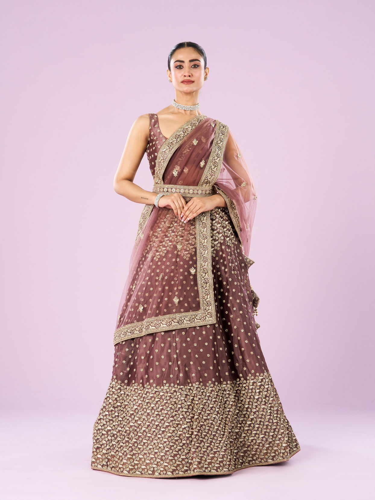 Mohey Women Dusty Pink Organza Semi Bridal Lehenga Set