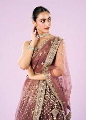 Mohey Women Dusty Pink Organza Semi Bridal Lehenga Set