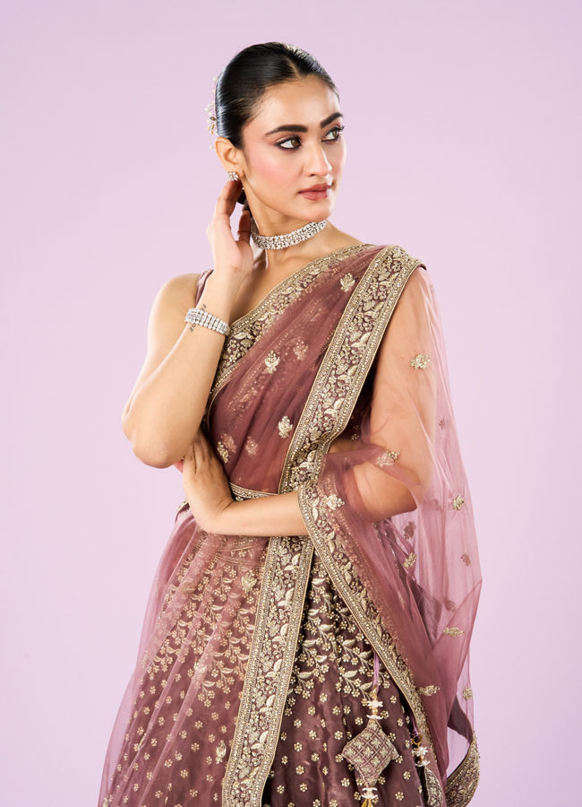 Mohey Women Dusty Pink Organza Semi Bridal Lehenga Set
