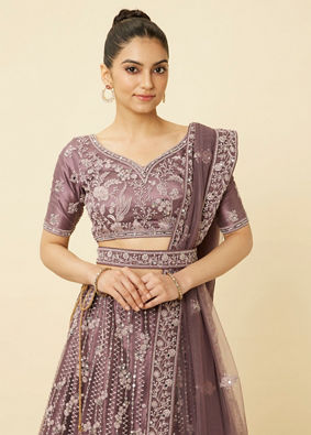 Mohey Women Mulberry Purple Floral Patterned Embellished Lehenga