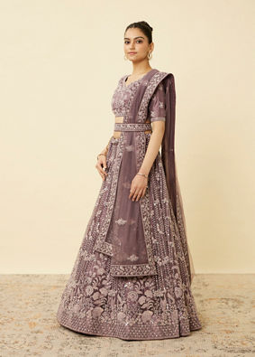 Mohey Women Mulberry Purple Floral Patterned Embellished Lehenga image number 2