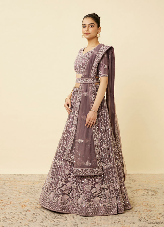 Mohey Women Mulberry Purple Floral Patterned Embellished Lehenga