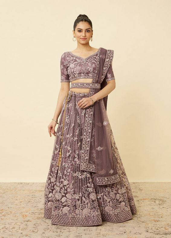 Mohey Women Mulberry Purple Floral Patterned Embellished Lehenga