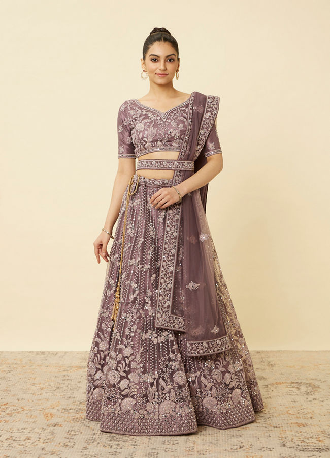Mohey Women Mulberry Purple Floral Patterned Embellished Lehenga