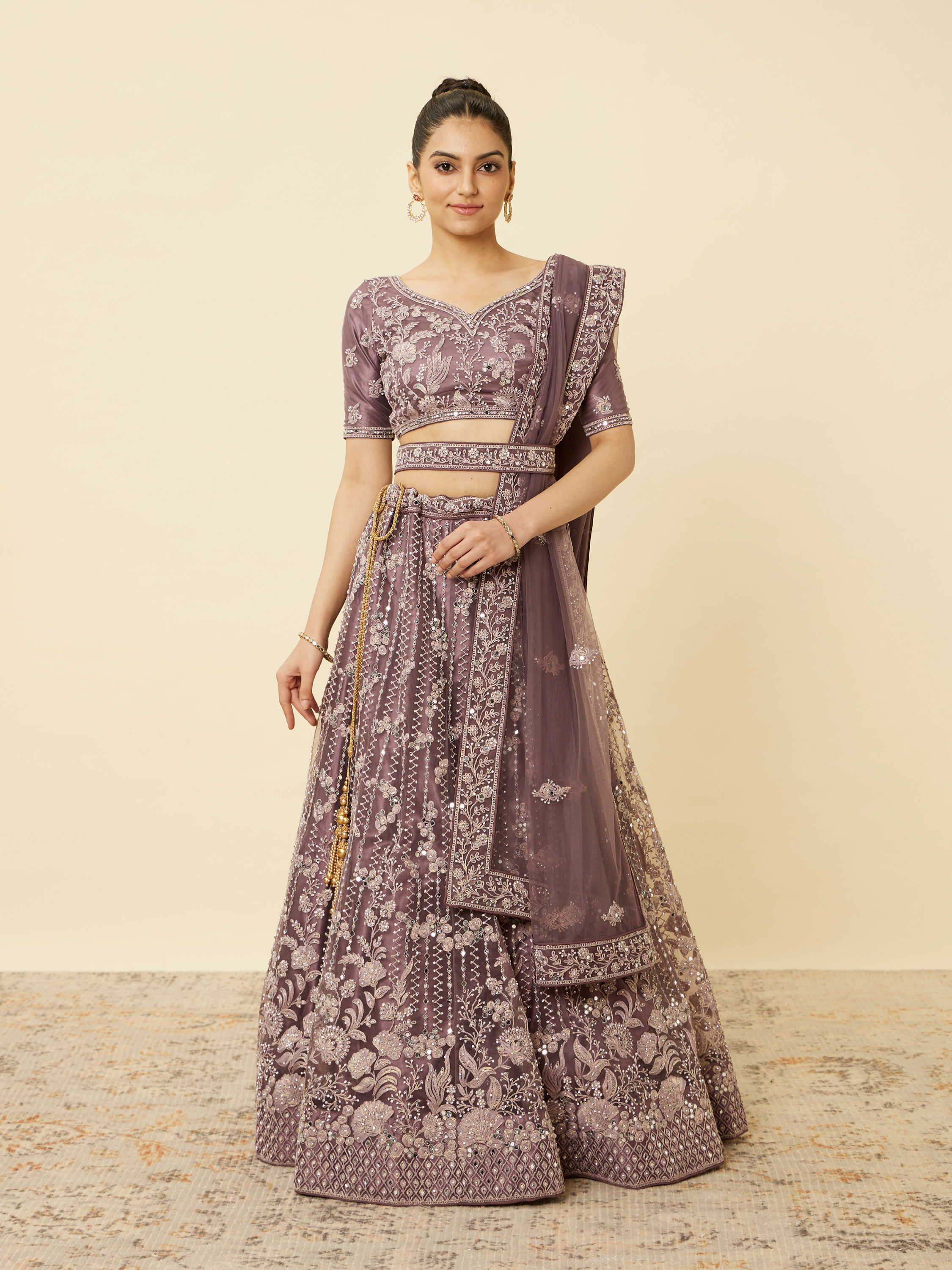 Mohey Women Mulberry Purple Floral Patterned Embellished Lehenga