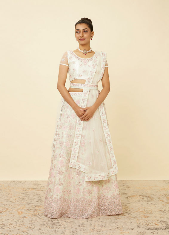 Mohey Women Dark Cream Floral Mirror Work Lehenga
