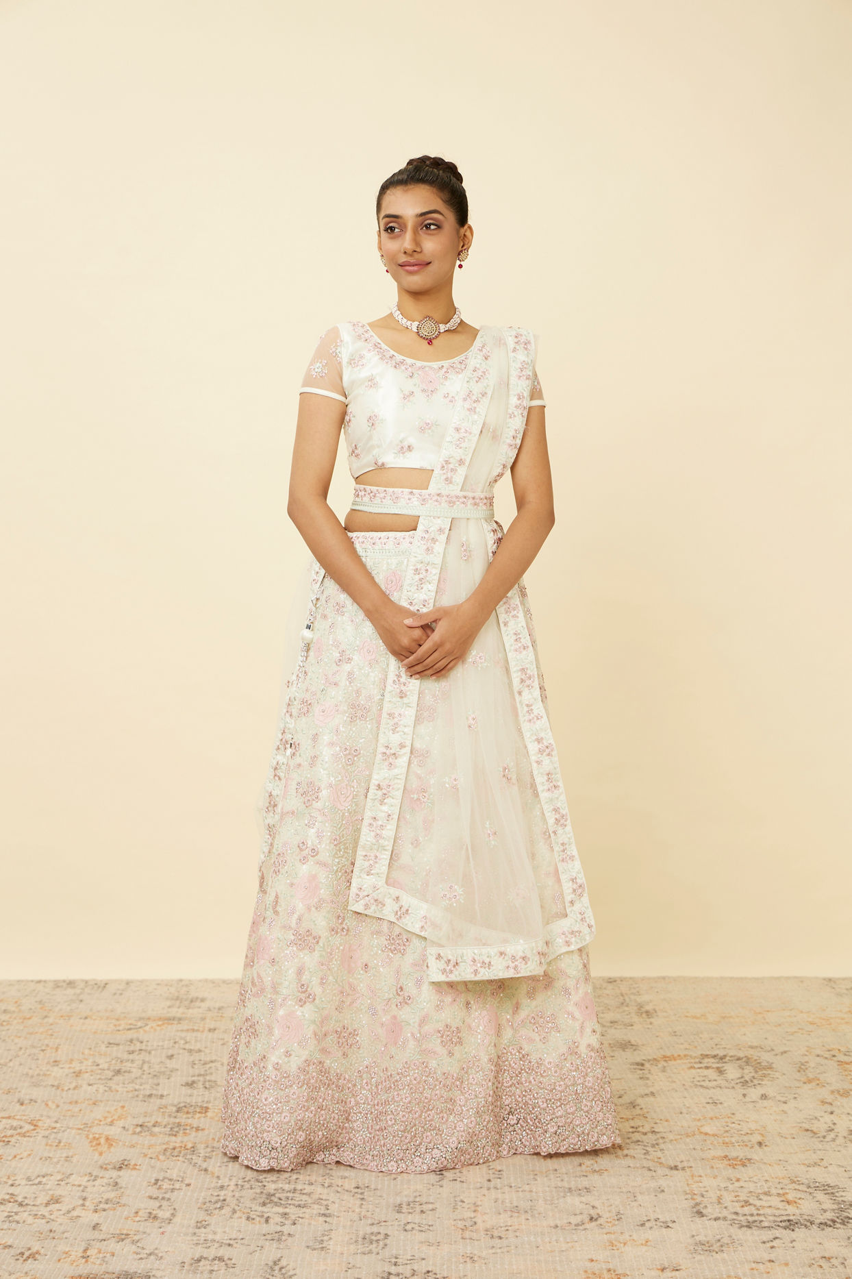 Mohey Women Dark Cream Floral Mirror Work Lehenga