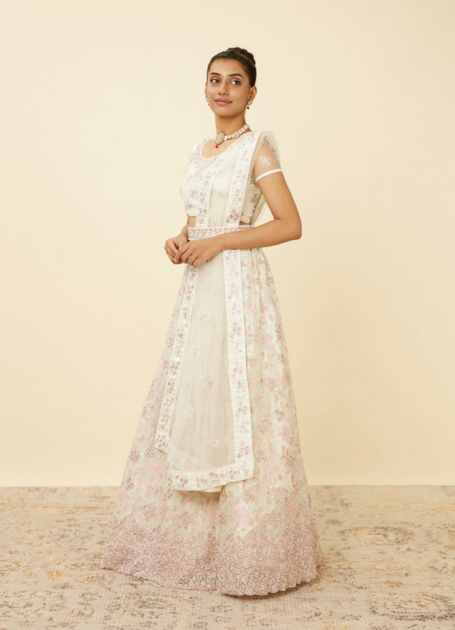 Mohey Women Dark Cream Floral Mirror Work Lehenga