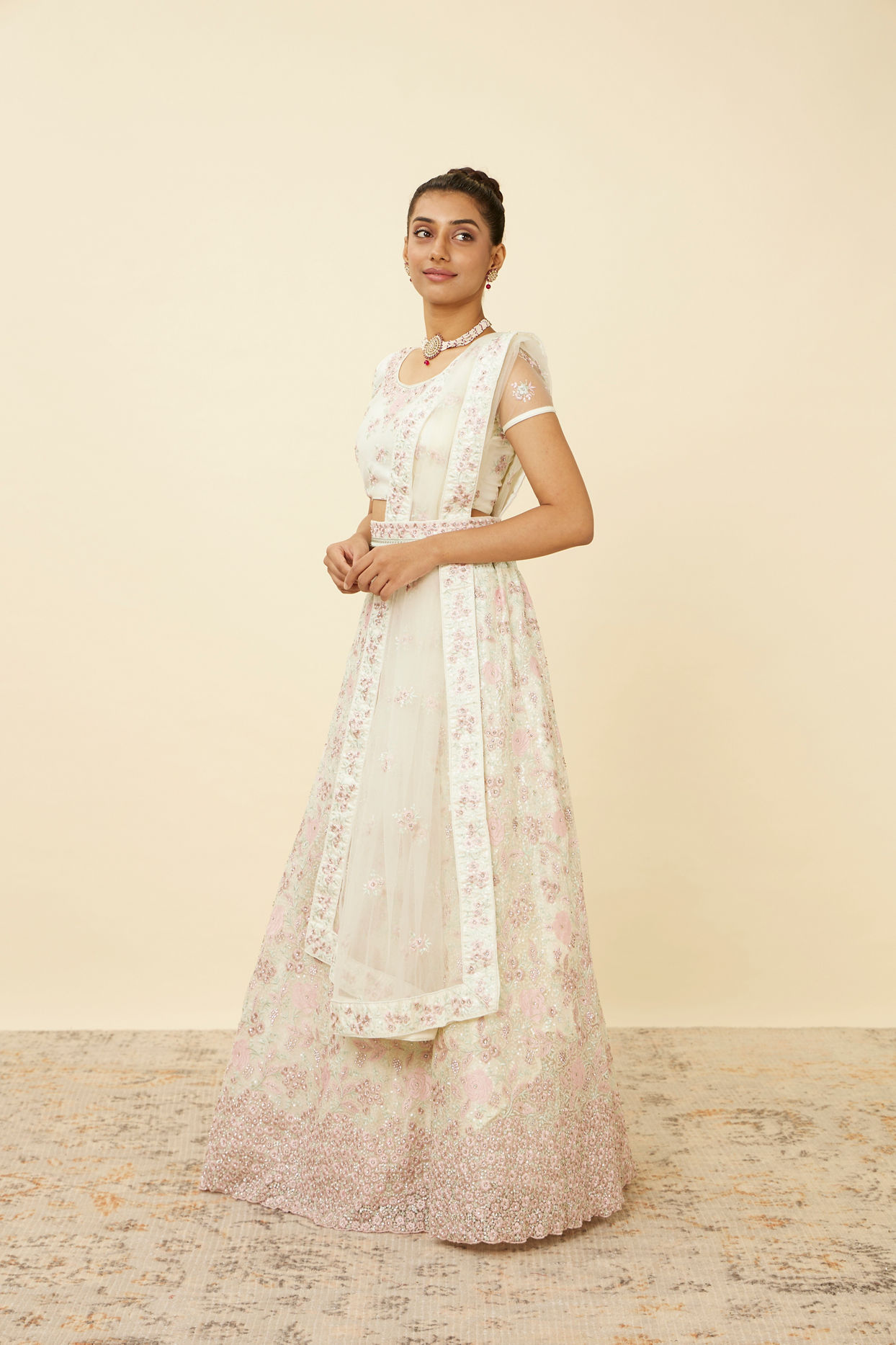 Mohey Women Dark Cream Floral Mirror Work Lehenga