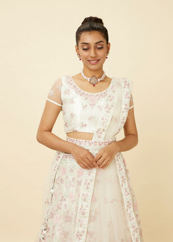 Mohey Women Dark Cream Floral Mirror Work Lehenga