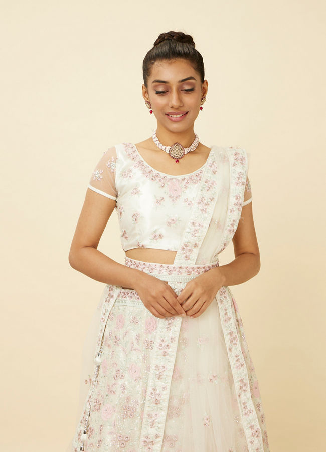 Mohey Women Dark Cream Floral Mirror Work Lehenga