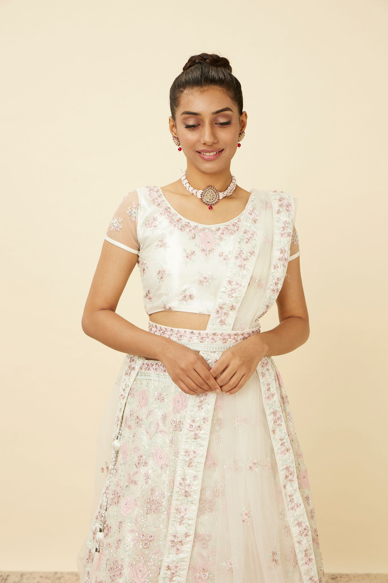Mohey Women Dark Cream Floral Mirror Work Lehenga