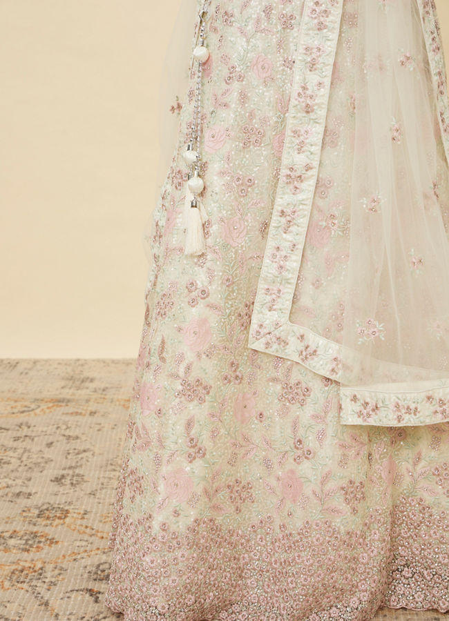 Mohey Women Dark Cream Floral Mirror Work Lehenga