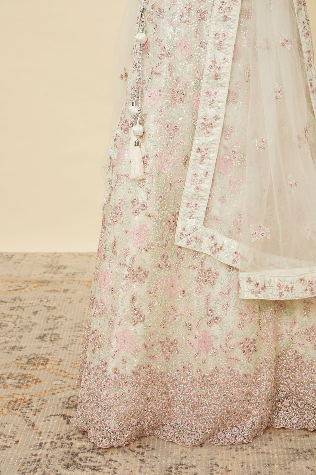 Mohey Women Dark Cream Floral Mirror Work Lehenga