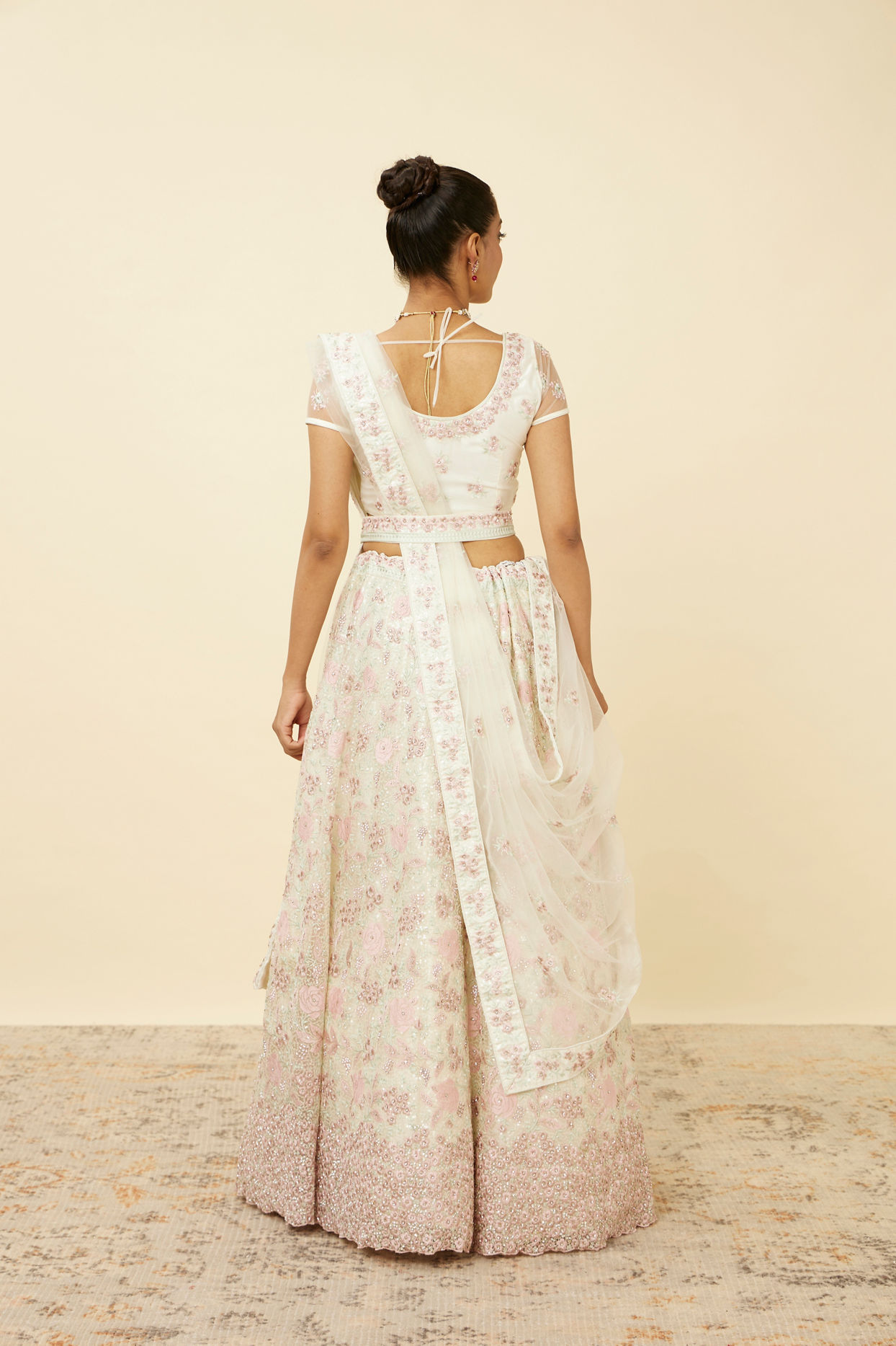 Mohey Women Dark Cream Floral Mirror Work Lehenga