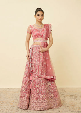 Mohey Women Coral Pink Floral Patterned Lehenga