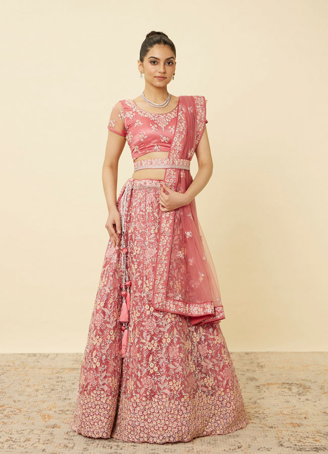 Mohey Women Coral Pink Floral Patterned Lehenga