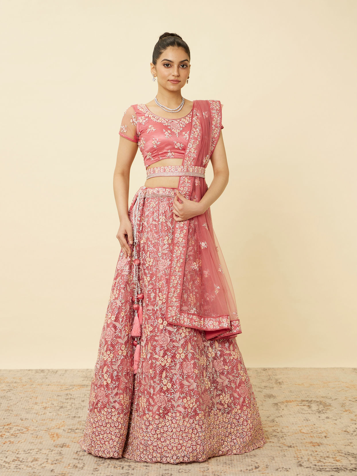 Mohey Women Coral Pink Floral Patterned Lehenga