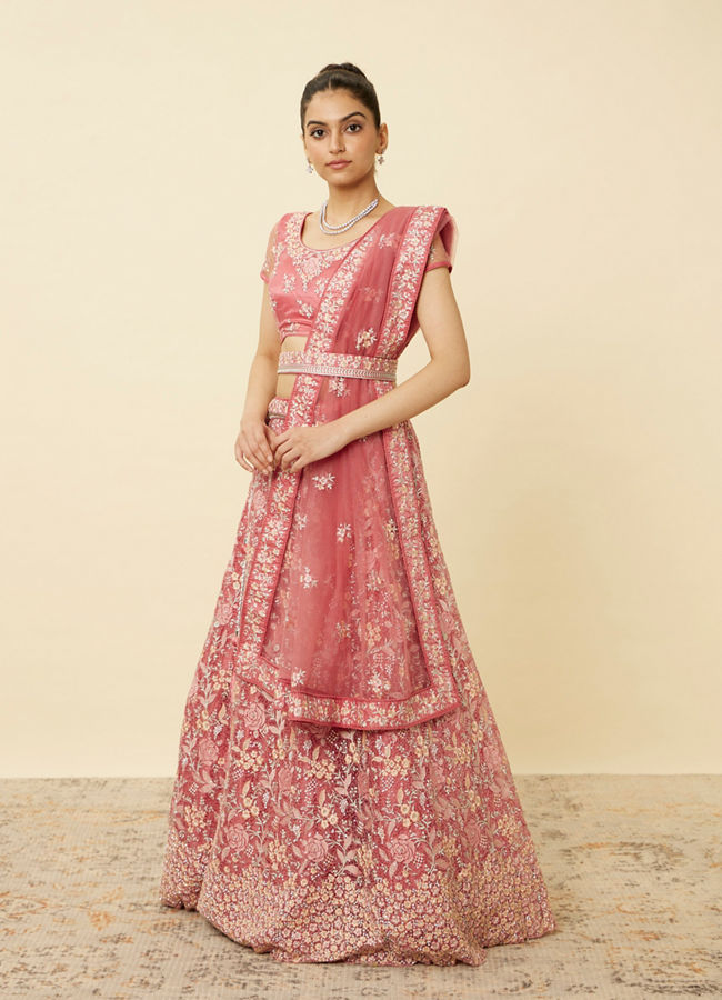 Mohey Women Coral Pink Floral Patterned Lehenga