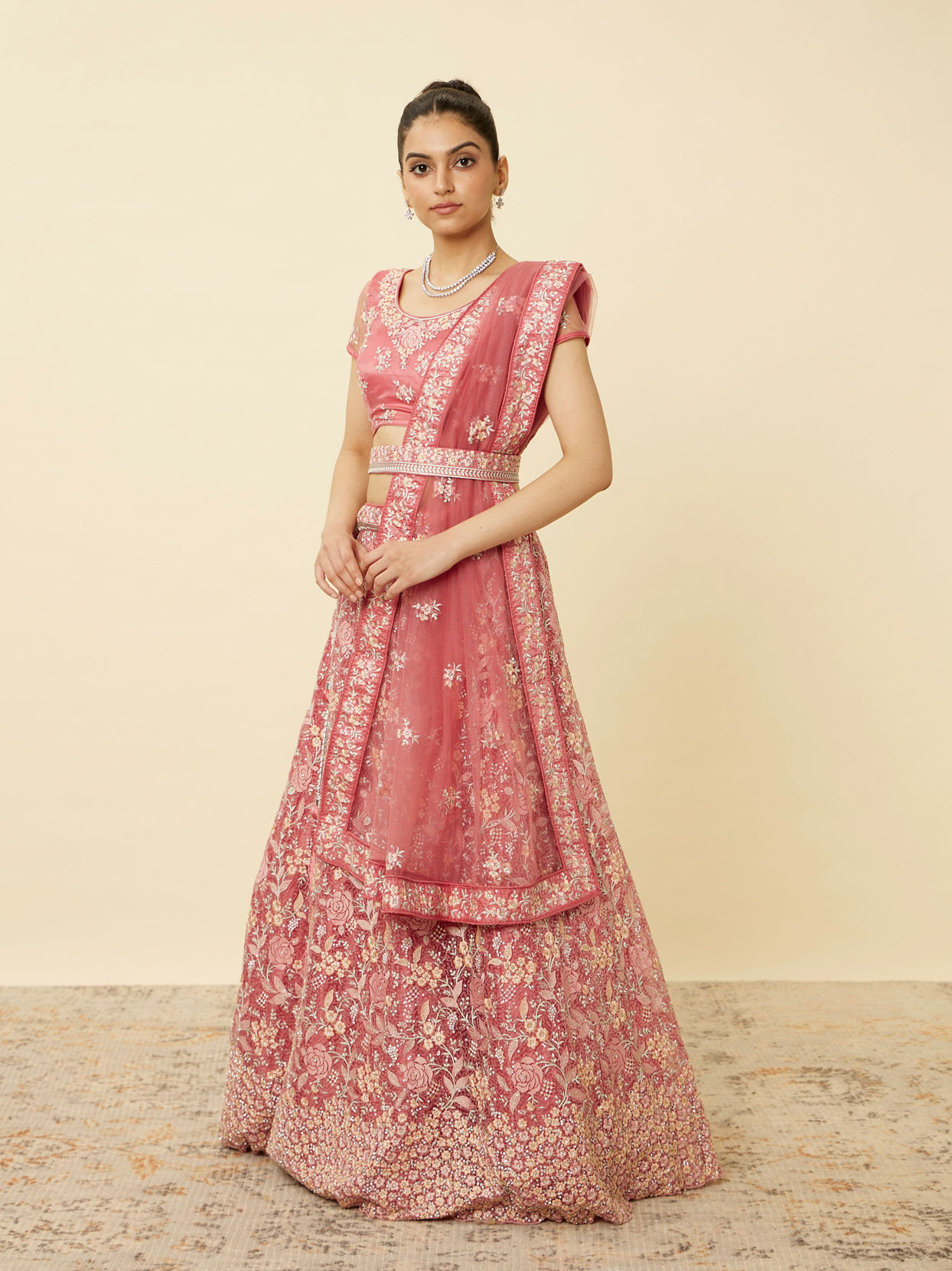 Mohey Women Coral Pink Floral Patterned Lehenga