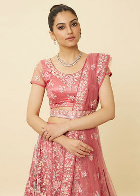 Mohey Women Coral Pink Floral Patterned Lehenga