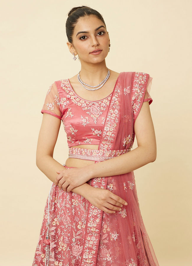 Mohey Women Coral Pink Floral Patterned Lehenga