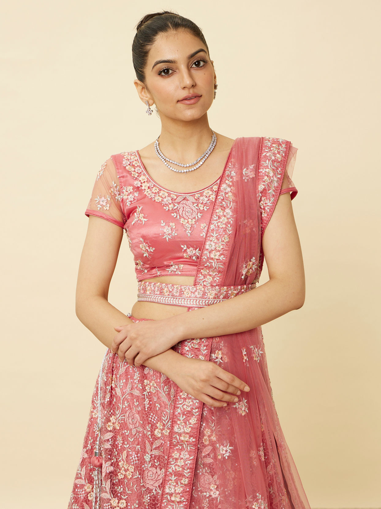 Mohey Women Coral Pink Floral Patterned Lehenga