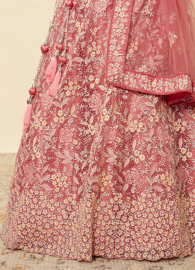 Mohey Women Coral Pink Floral Patterned Lehenga