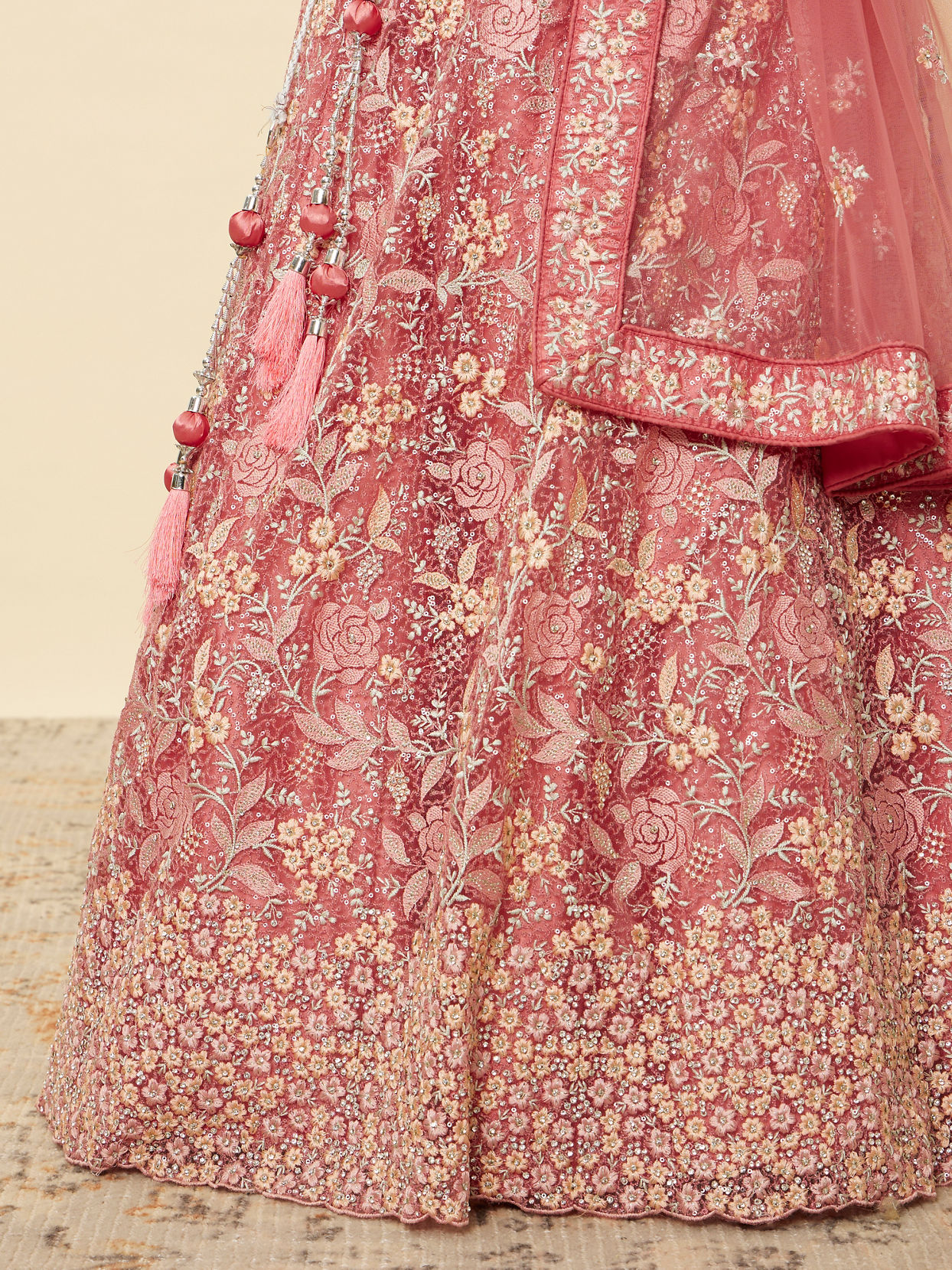 Mohey Women Coral Pink Floral Patterned Lehenga