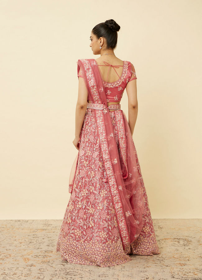 Mohey Women Coral Pink Floral Patterned Lehenga