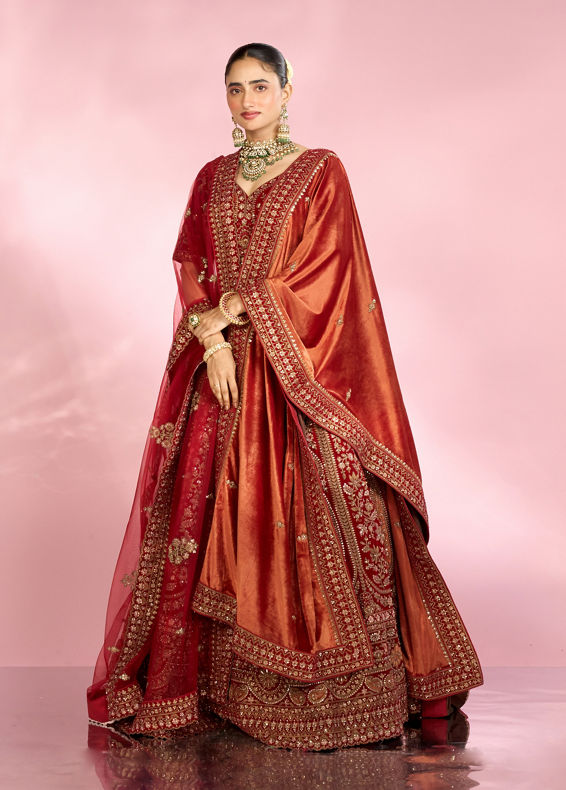 Mohey Women Berry Red Embroidered Bridal Lehenga