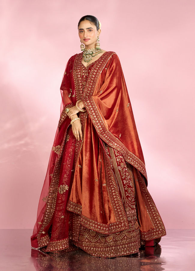 Mohey Women Berry Red Embroidered Bridal Lehenga