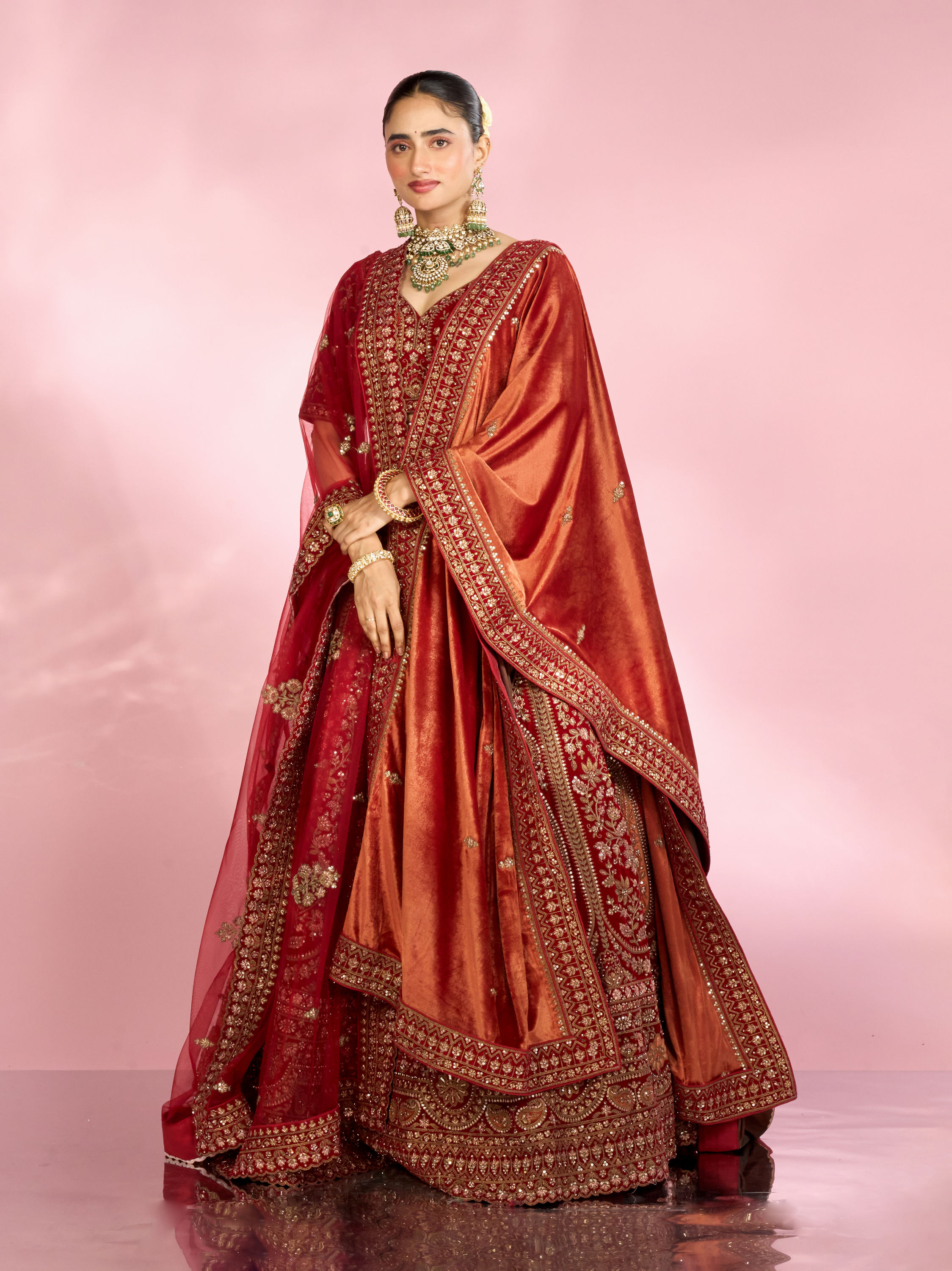 Mohey Women Berry Red Embroidered Bridal Lehenga