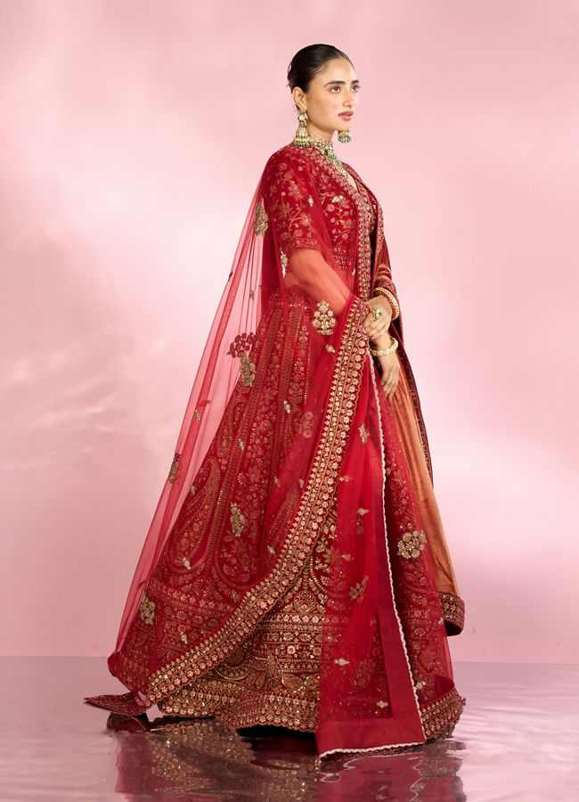 Mohey Women Berry Red Embroidered Bridal Lehenga