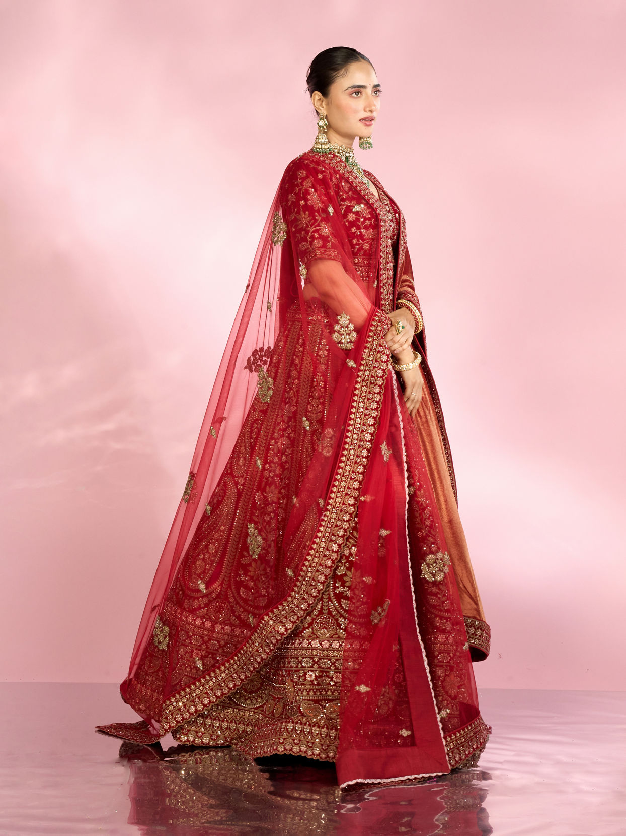 Mohey Women Berry Red Embroidered Bridal Lehenga
